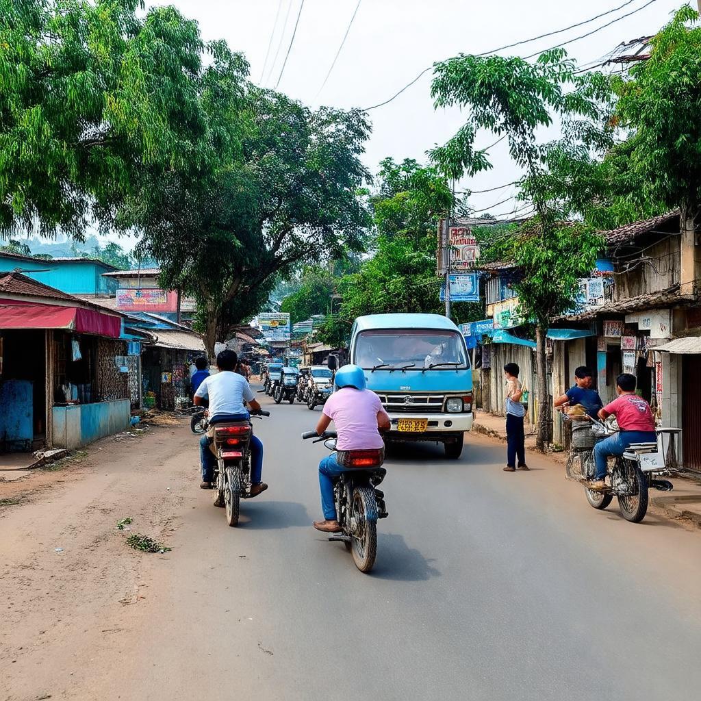 Cảnh mua bán tấp nập, người dân và xe cộ qua lại tại Ngã ba Chương Hòa, Hoài Nhơn.