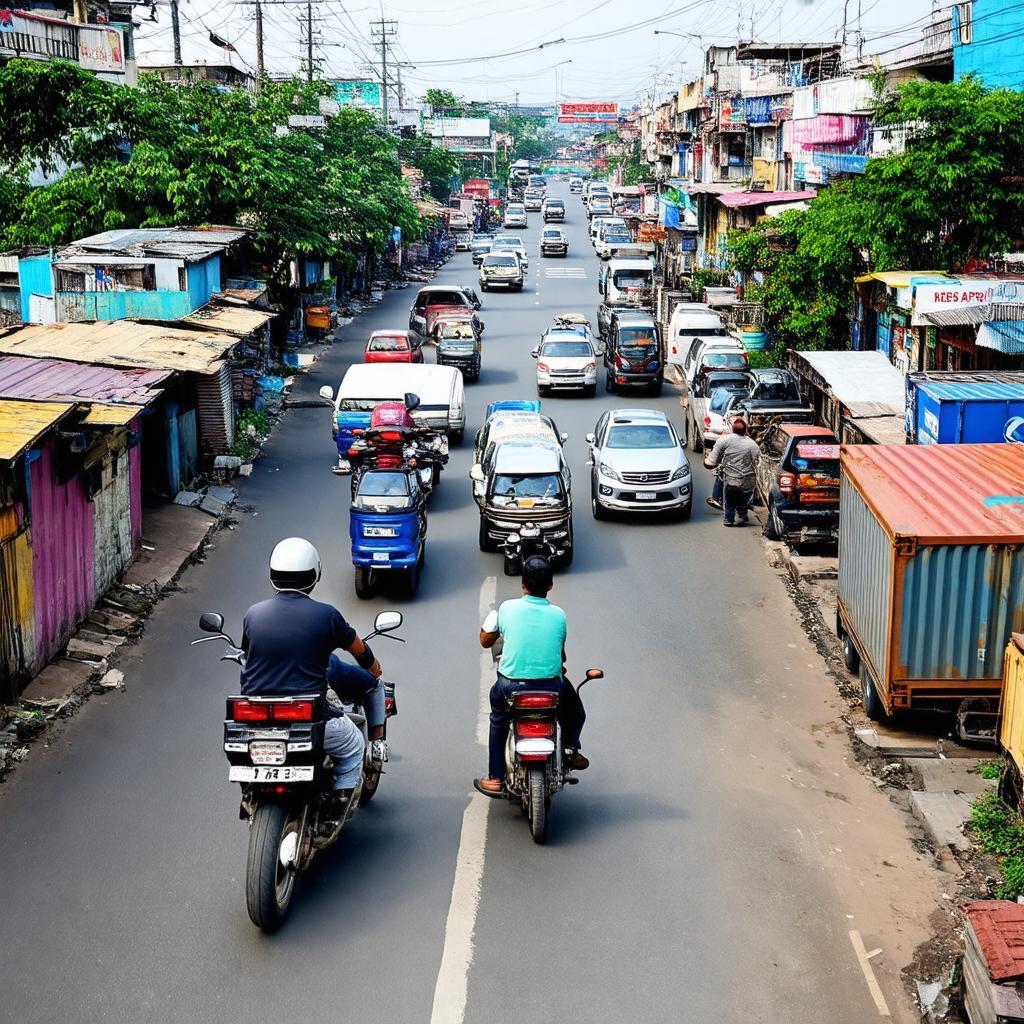 Hinh anh giao thong dong duc tai Ngã ba Ông Đồn voi xe co va cac cua hang hai ben duong.