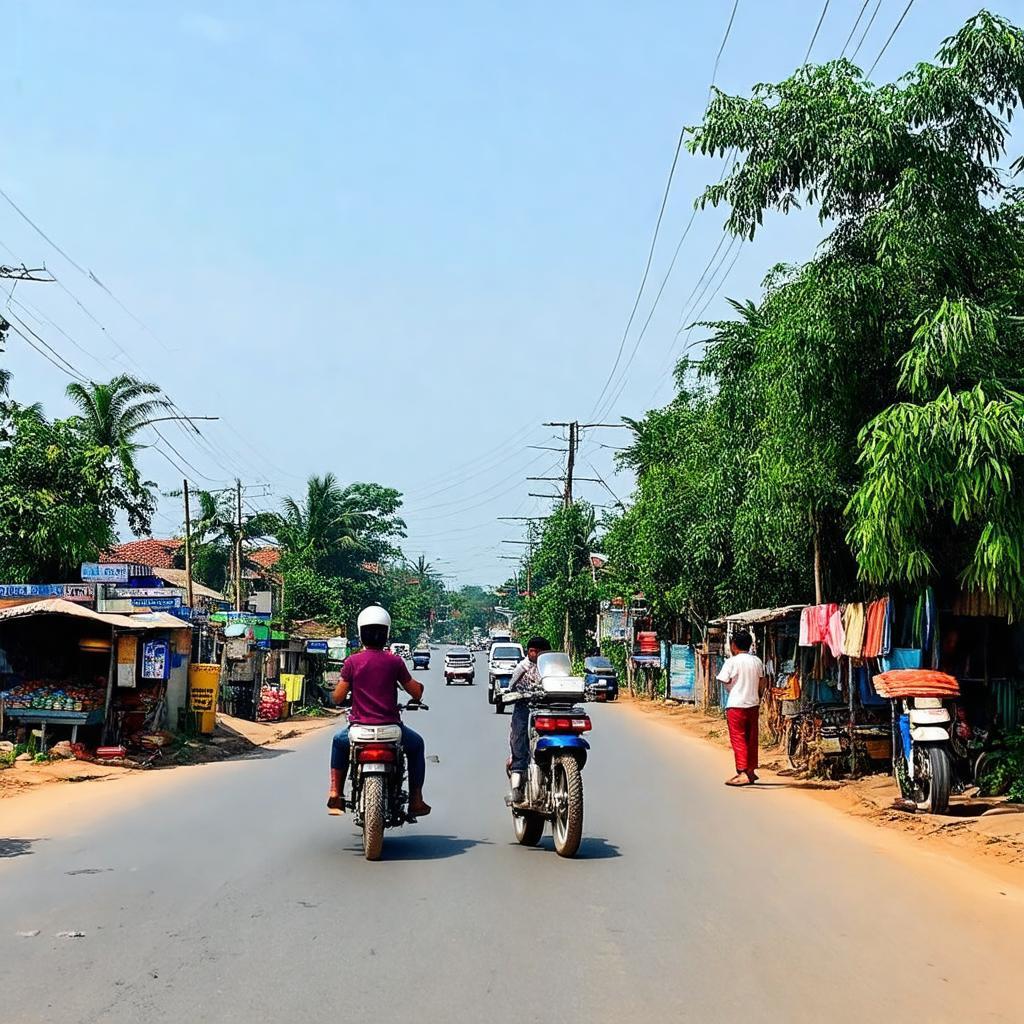 Cảnh tấp nập vừa phải tại Ngã ba Vĩnh Tường với người dân và hàng quán nhỏ ven đường.