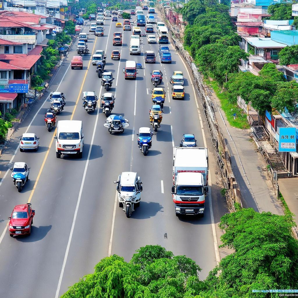 Hình ảnh toàn cảnh ngã tư Như Quỳnh tại Hưng Yên với dòng xe cộ tấp nập qua lại trên Quốc lộ 5A và đường tỉnh, minh họa vị trí giao thông quan trọng