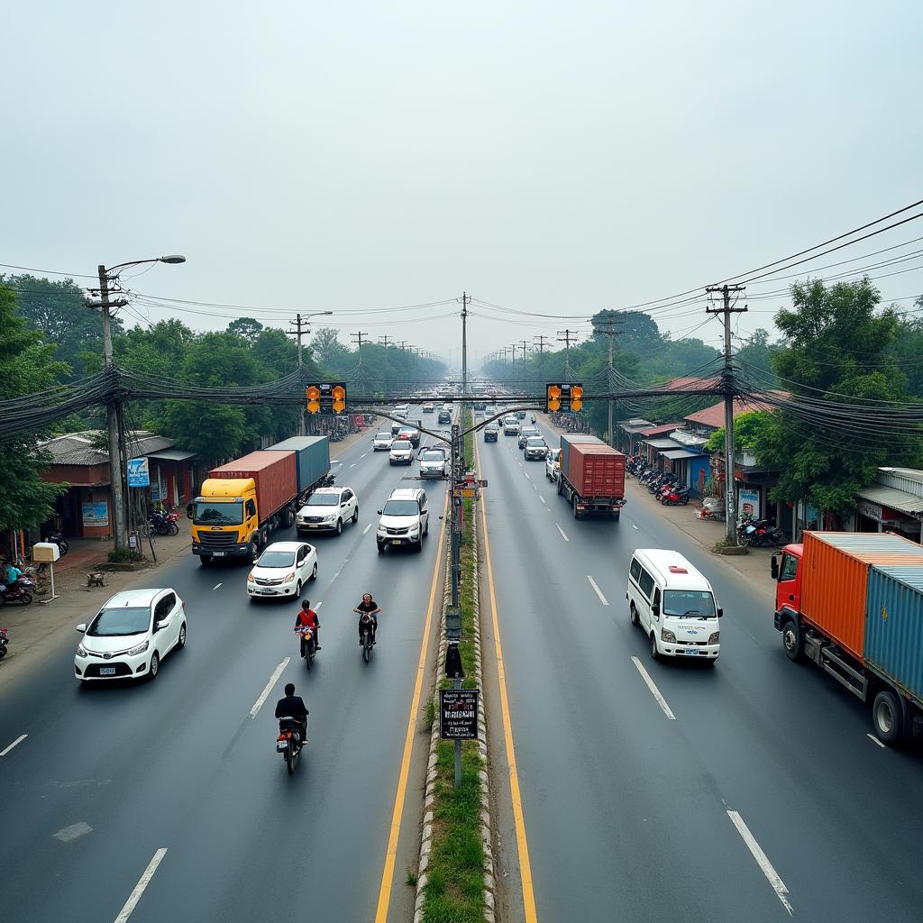 Ngã tư Tân Lập Cây Gáo sầm uất tại Trảng Bom, Đồng Nai, điểm giao ĐT767 có đèn tín hiệu.
