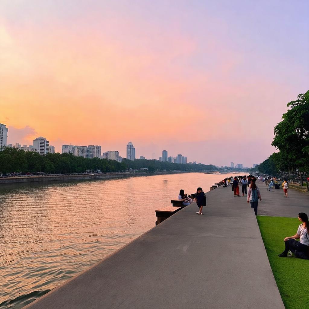 Canh dep bo song Sai Gon luc hoang hon tai cong vien, co nguoi ngoi ghe da