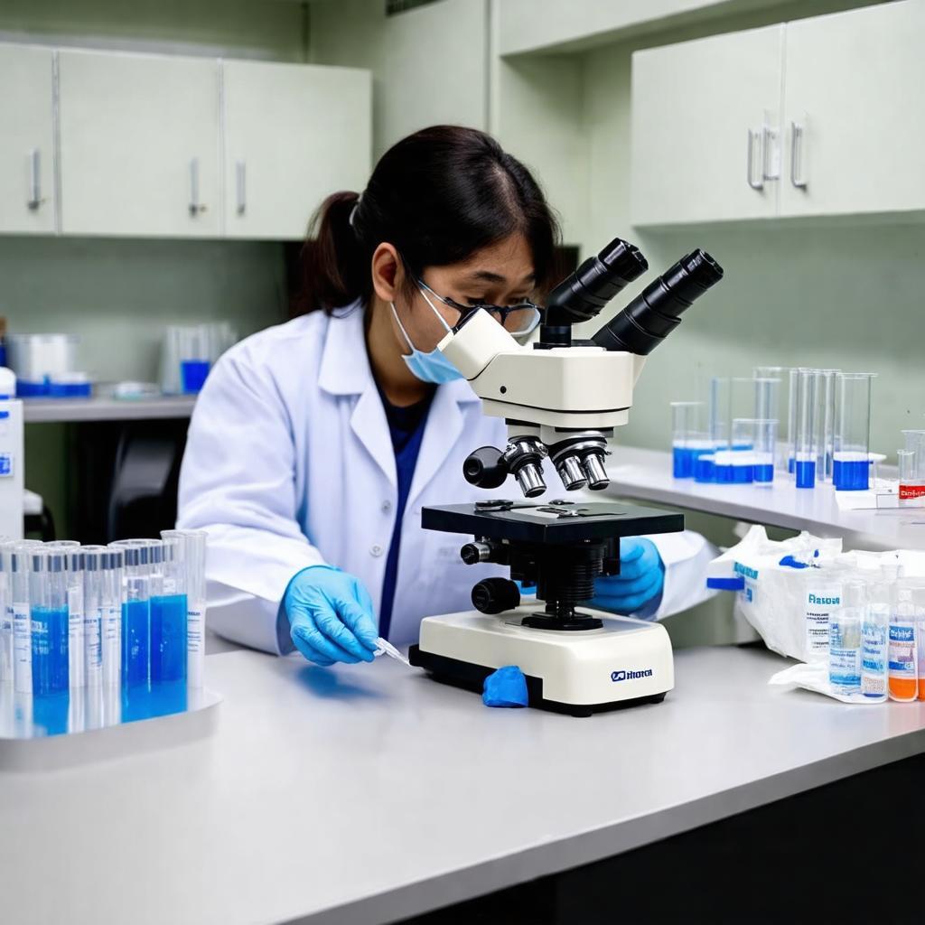 Kỹ thuật viên y tế làm xét nghiệm ký sinh trùng dưới kính hiển vi trong phòng lab