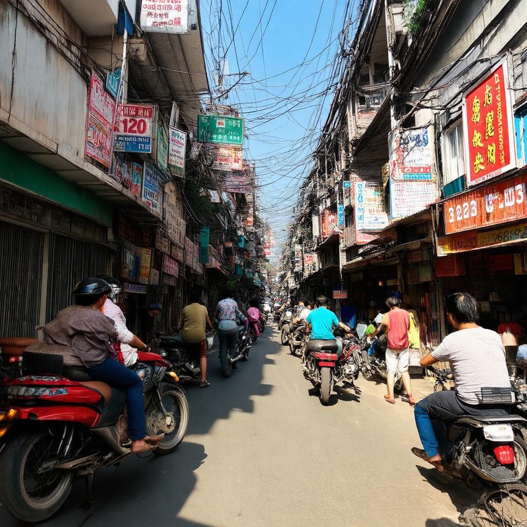 Con ngõ 132 Cầu Giấy tấp nập xe cộ và người đi bộ, hai bên là nhà cửa, cửa hàng.