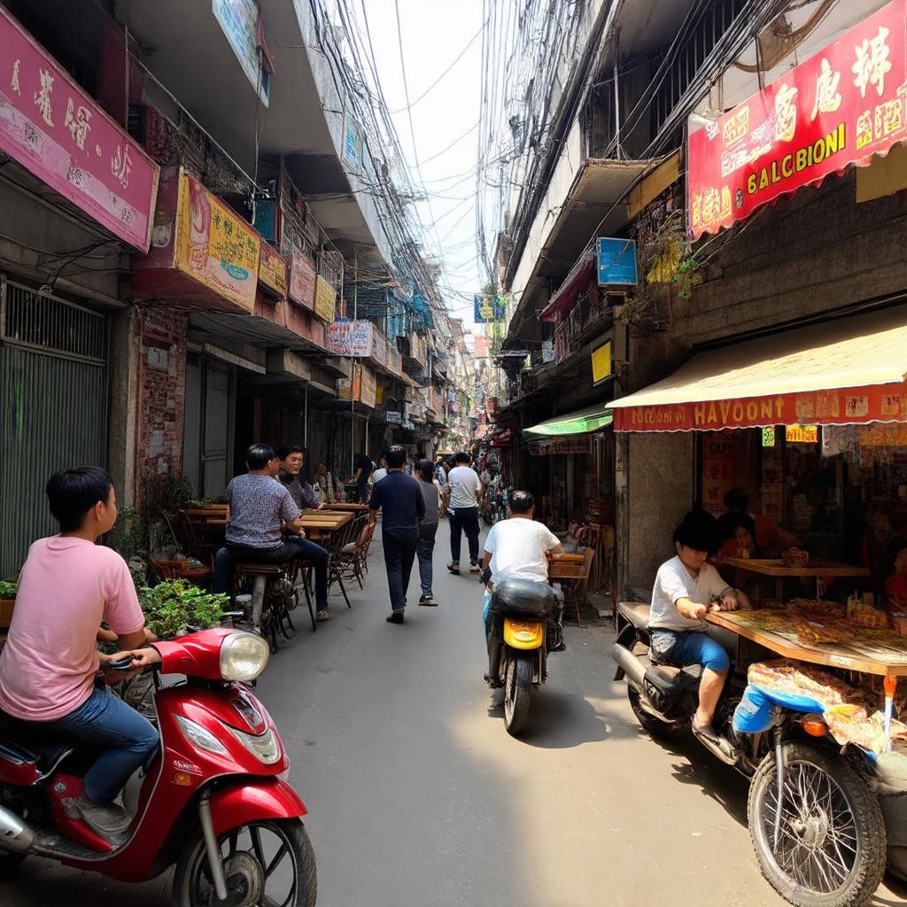 Khung cảnh nhộn nhịp trong Ngõ 171 Nguyễn Ngọc Vũ với nhiều quán ăn, quán cà phê, cửa hàng.