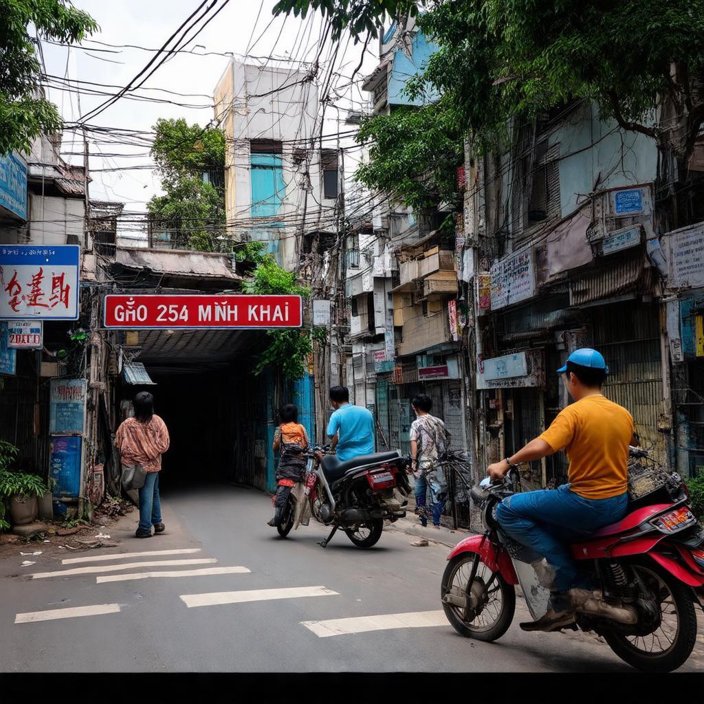 Cảnh quan nhộn nhịp tại lối vào Ngõ 254 Minh Khai, Hà Nội phản ánh nhịp sống tấp nập khu vực.