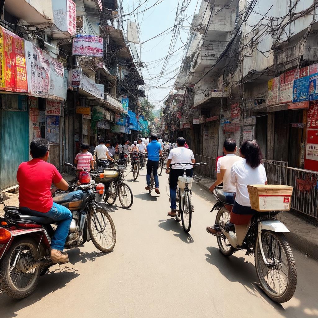 Cảnh giao thông tấp nập, đông đúc tại một con ngõ nhỏ ở Hà Nội, đặc trưng ngõ Thịnh Quang.