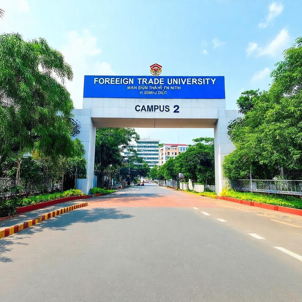 Hình ảnh cổng chính Trường Đại học Ngoại thương cơ sở 2 tại đường D5, quận Bình Thạnh, TP.HCM.