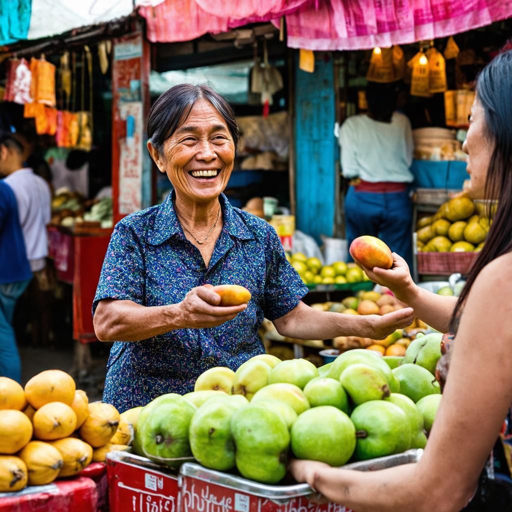 Nụ cười và sự thân thiện của người bán hàng tại Chợ Bà Vát Bến Tre.