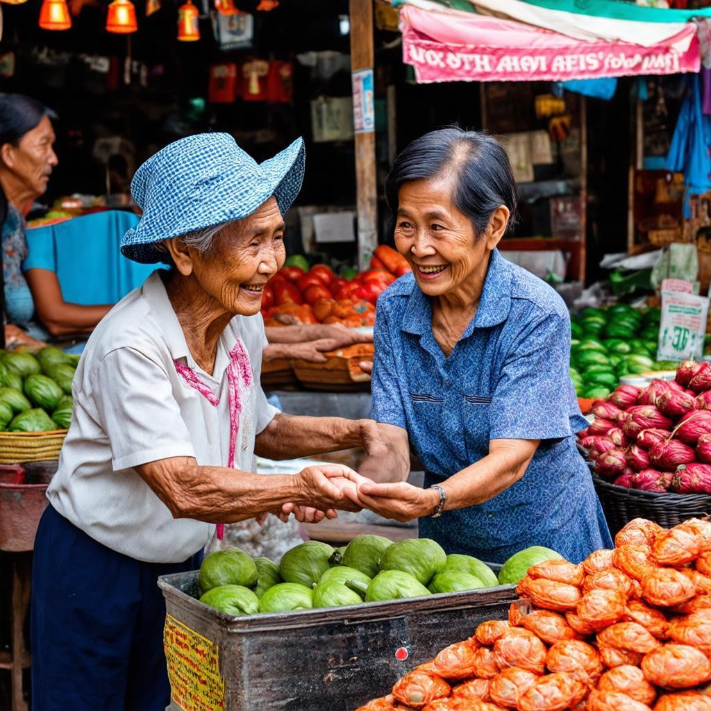 Nụ cười hiếu khách và sự tương tác chân chất giữa người bán và người mua tại Chợ Vĩnh Viễn.