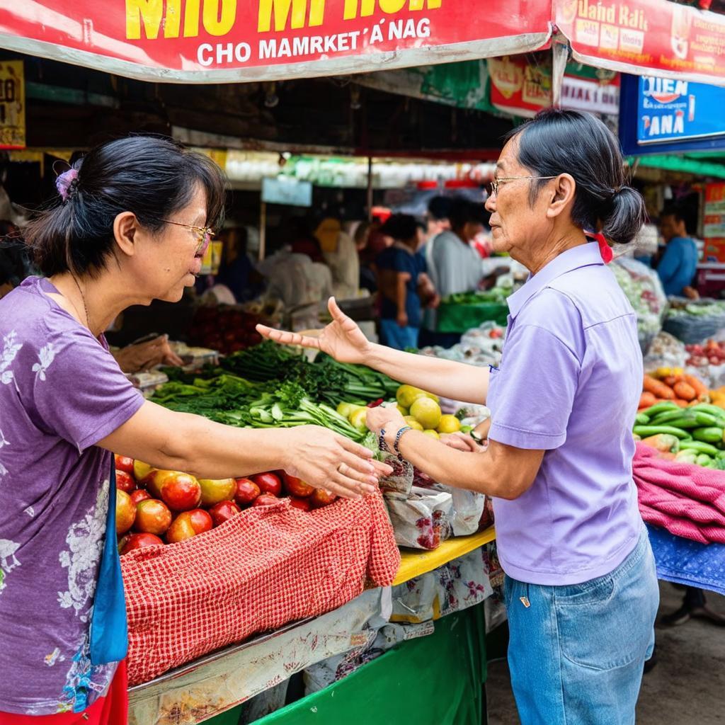 Người bán và người mua tương tác tại một quầy hàng, thể hiện không khí mặc cả đặc trưng của chợ truyền thống.