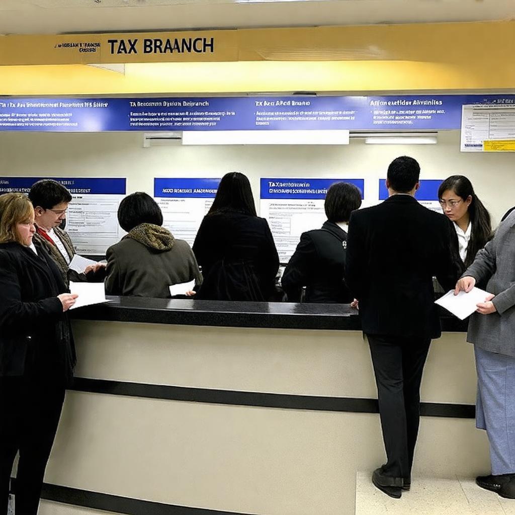 Hình ảnh người dân xếp hàng chờ đợi làm thủ tục hành chính thuế tại khu vực tiếp nhận hồ sơ.