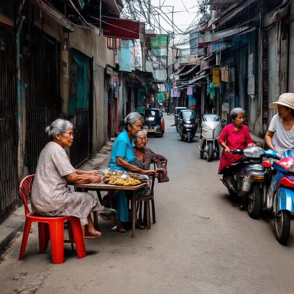 Hình ảnh người dân địa phương trò chuyện hoặc sinh hoạt hàng ngày tại một quán nước nhỏ trong Hẻm 141 Nguyễn Cư Trinh, quận 1