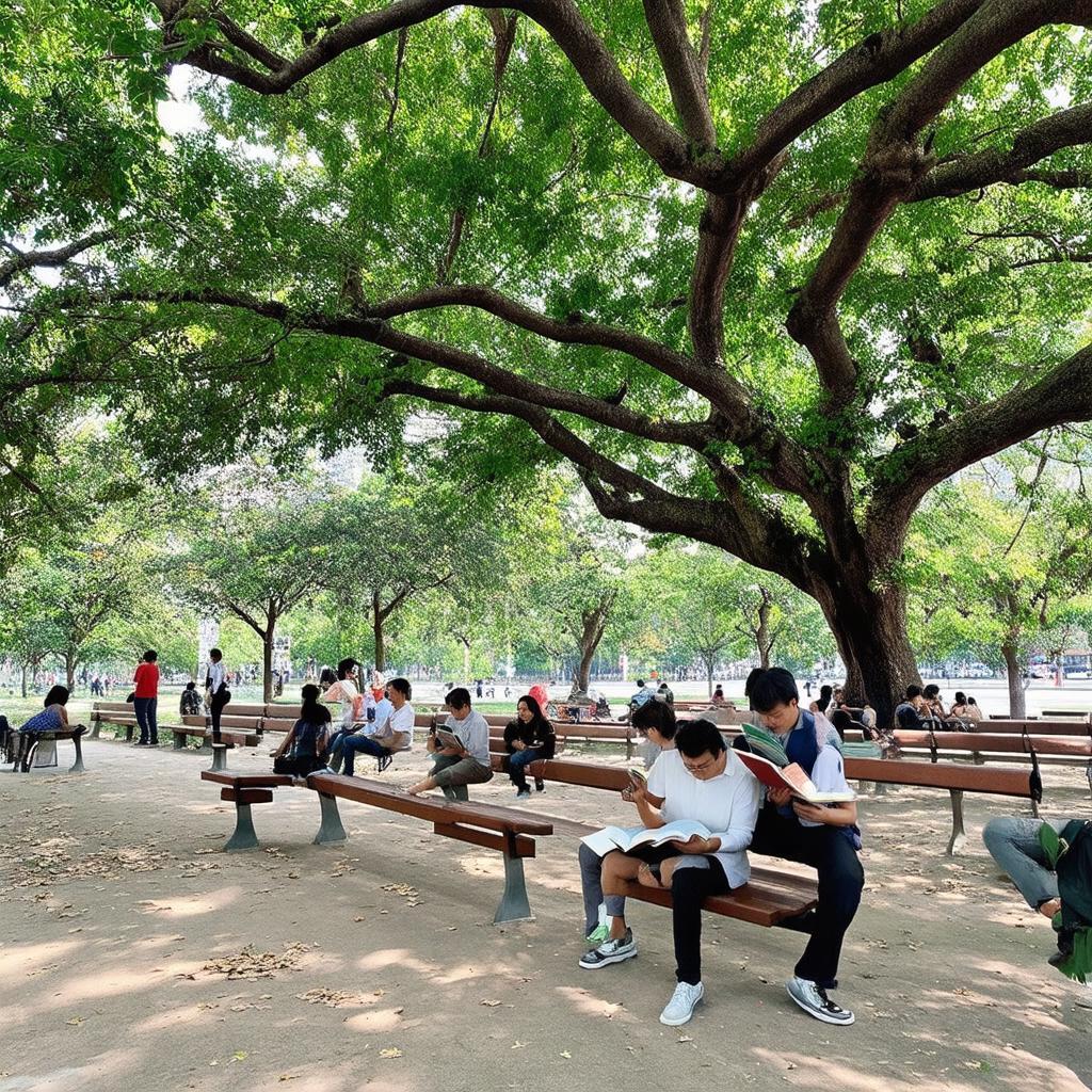 Người dân ngồi trên ghế đá dưới tán cây, đọc sách hoặc trò chuyện, tận hưởng không khí yên bình tại công viên.