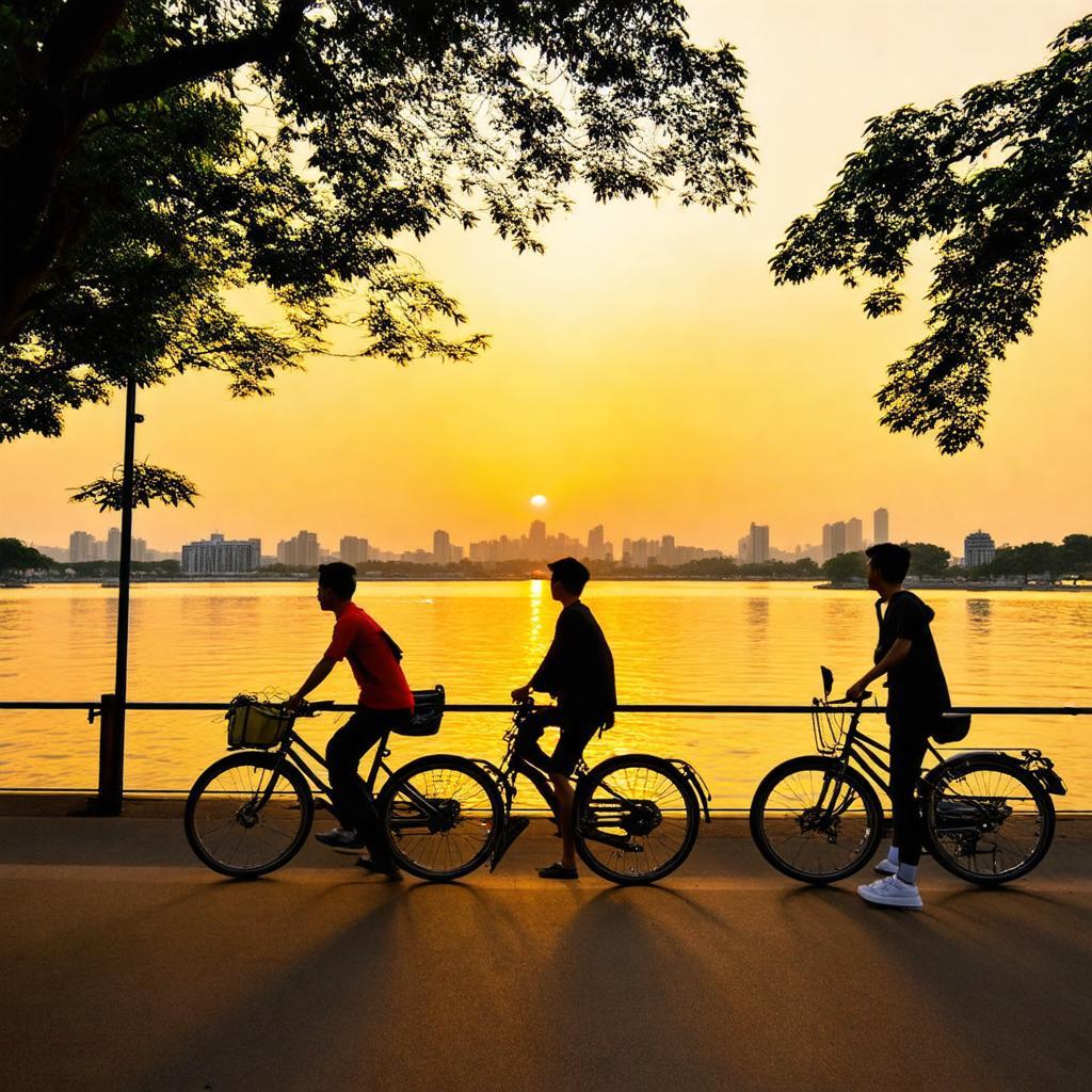 Người dân đi dạo và đạp xe ven Hồ Tây gần khu vực Vòng Thị vào buổi chiều hoàng hôn rực rỡ.