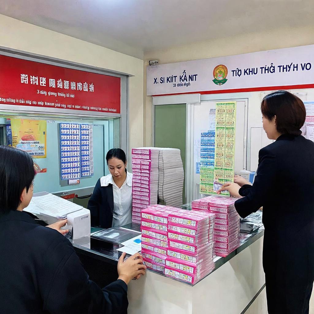 Người dân đang mua vé số tại quầy giao dịch của Xổ số Kiến thiết Thủ đô 53E Hàng Bài