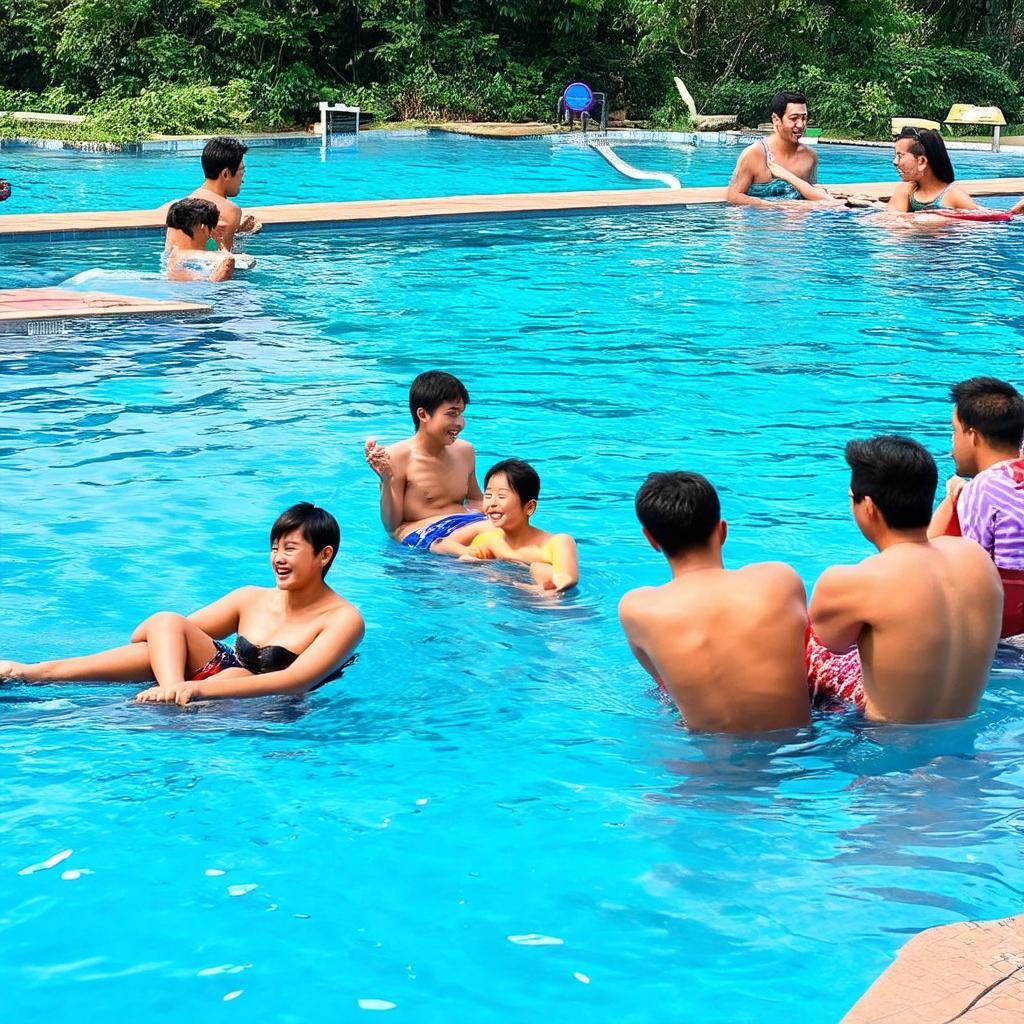 Hình ảnh người dân và gia đình vui chơi giải trí tại Bể bơi Đồng Lạc Thạch Thất Hà Nội