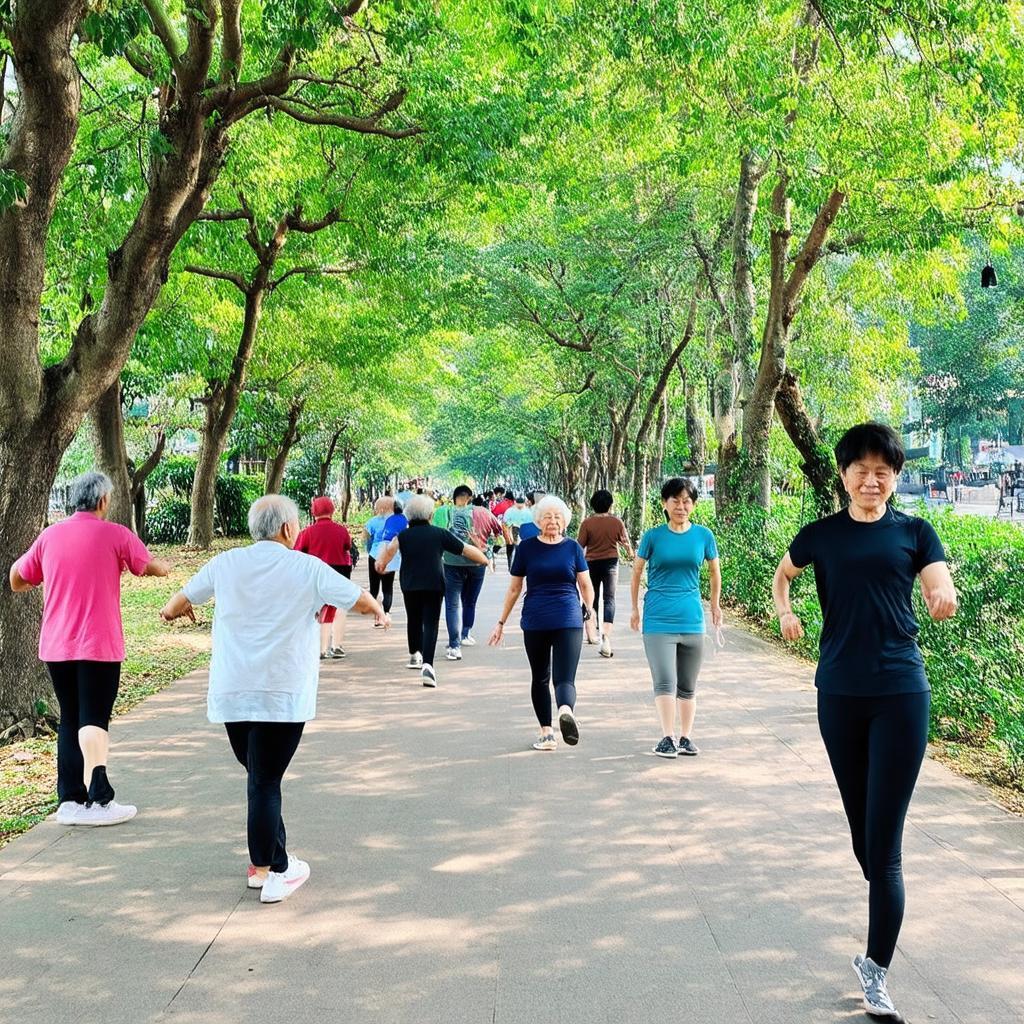 Người dân chạy bộ, đi dạo, tập thể dục trong không gian xanh mát của Công viên 1-6.