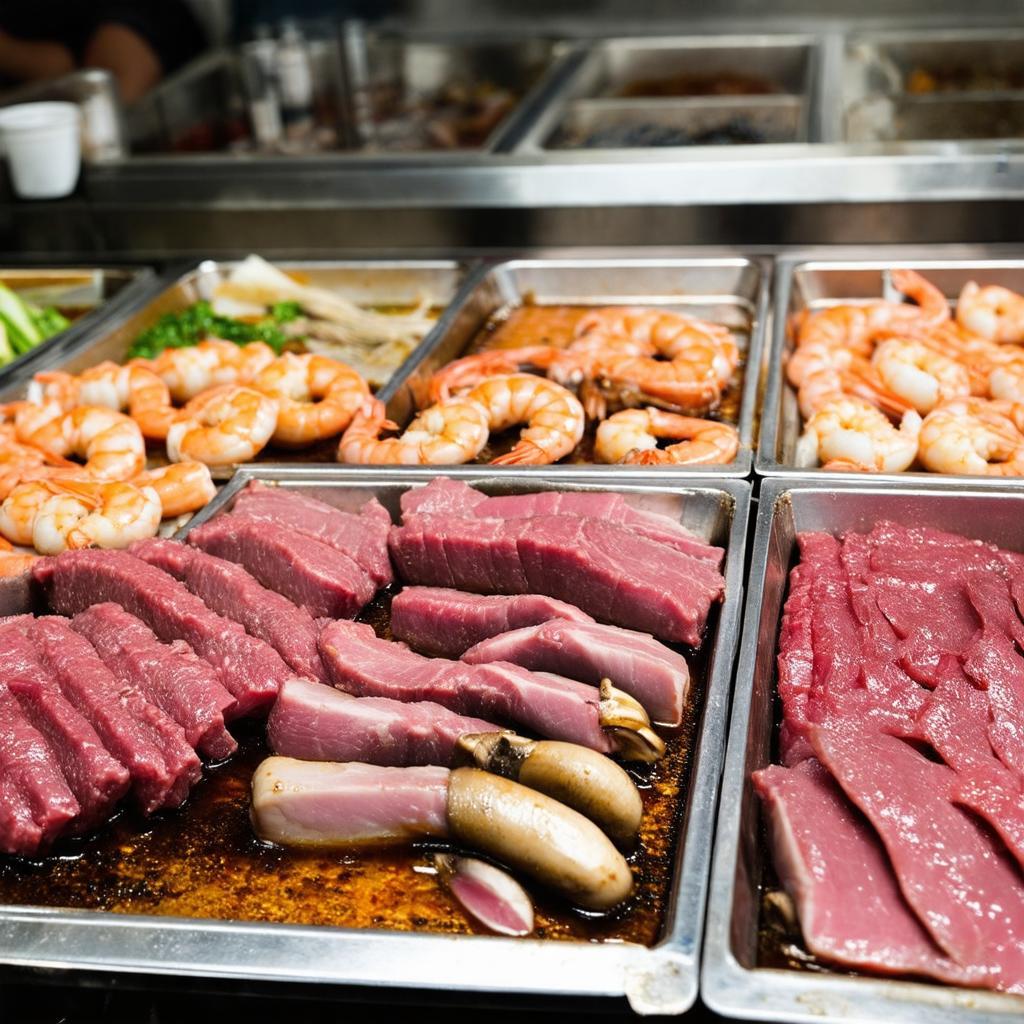 Nguyên liệu thịt và hải sản tẩm ướp sẵn tại quầy buffet nướng 95B Mã Lò.