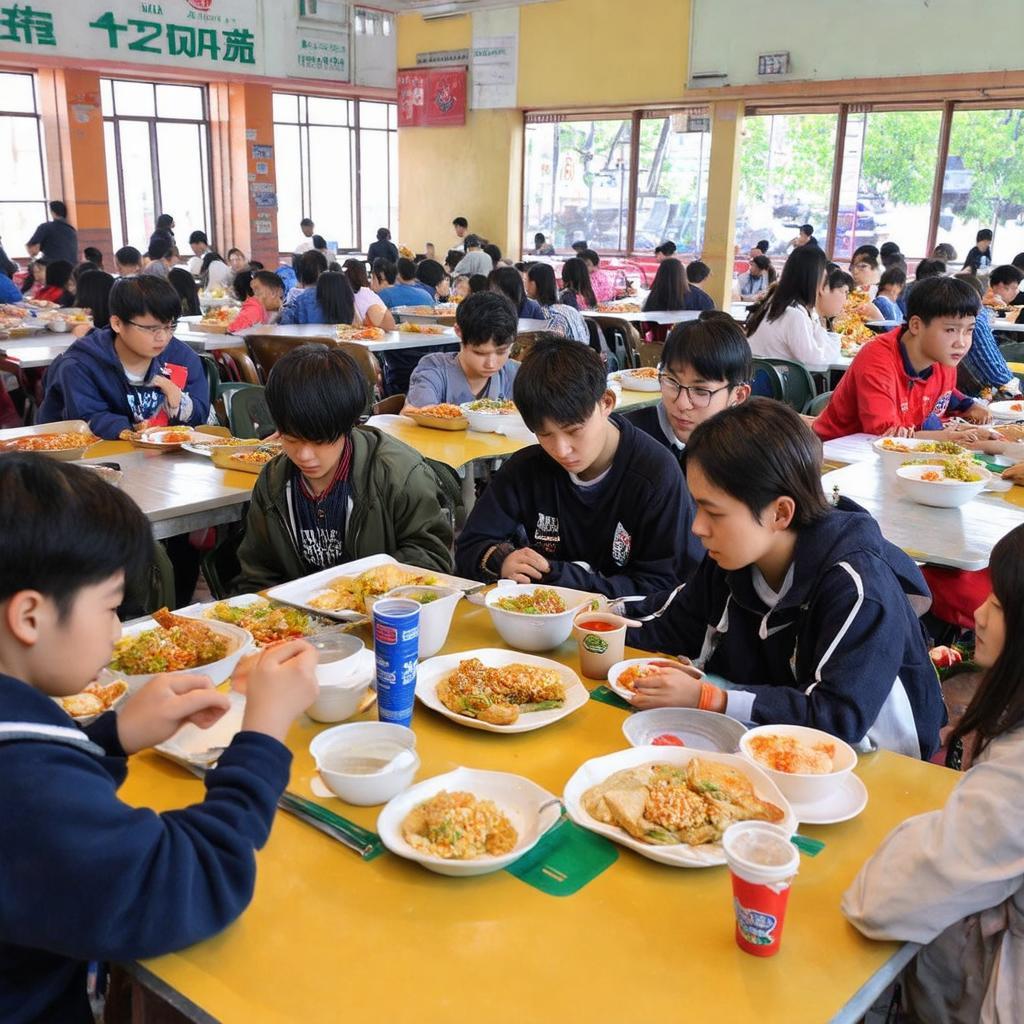 Khu vực nhà ăn (canteen) đông đúc tại ký túc xá SPKT với sinh viên đang ăn uống, trò chuyện