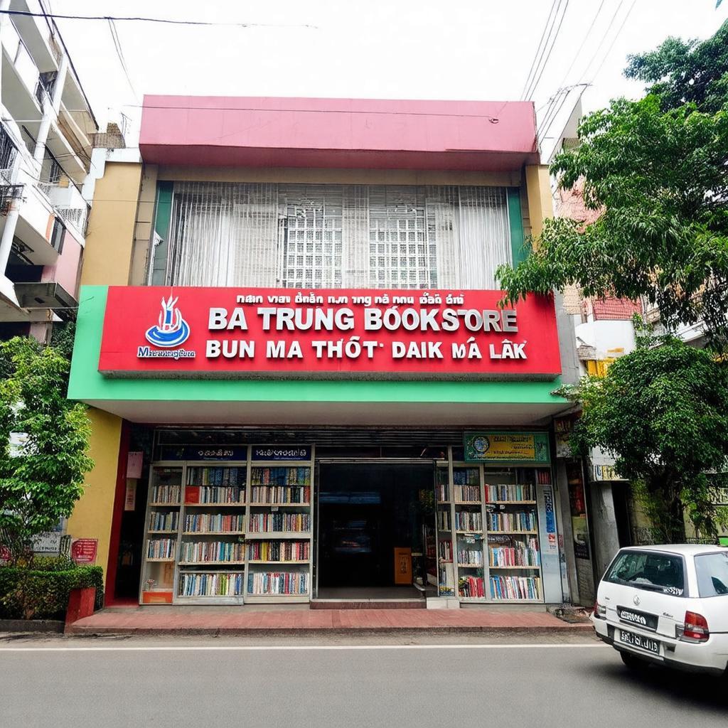 Mặt tiền Nhà sách Hai Bà Trưng Buôn Ma Thuột Đắk Lắk với bảng hiệu rõ ràng và dễ nhận diện từ xa