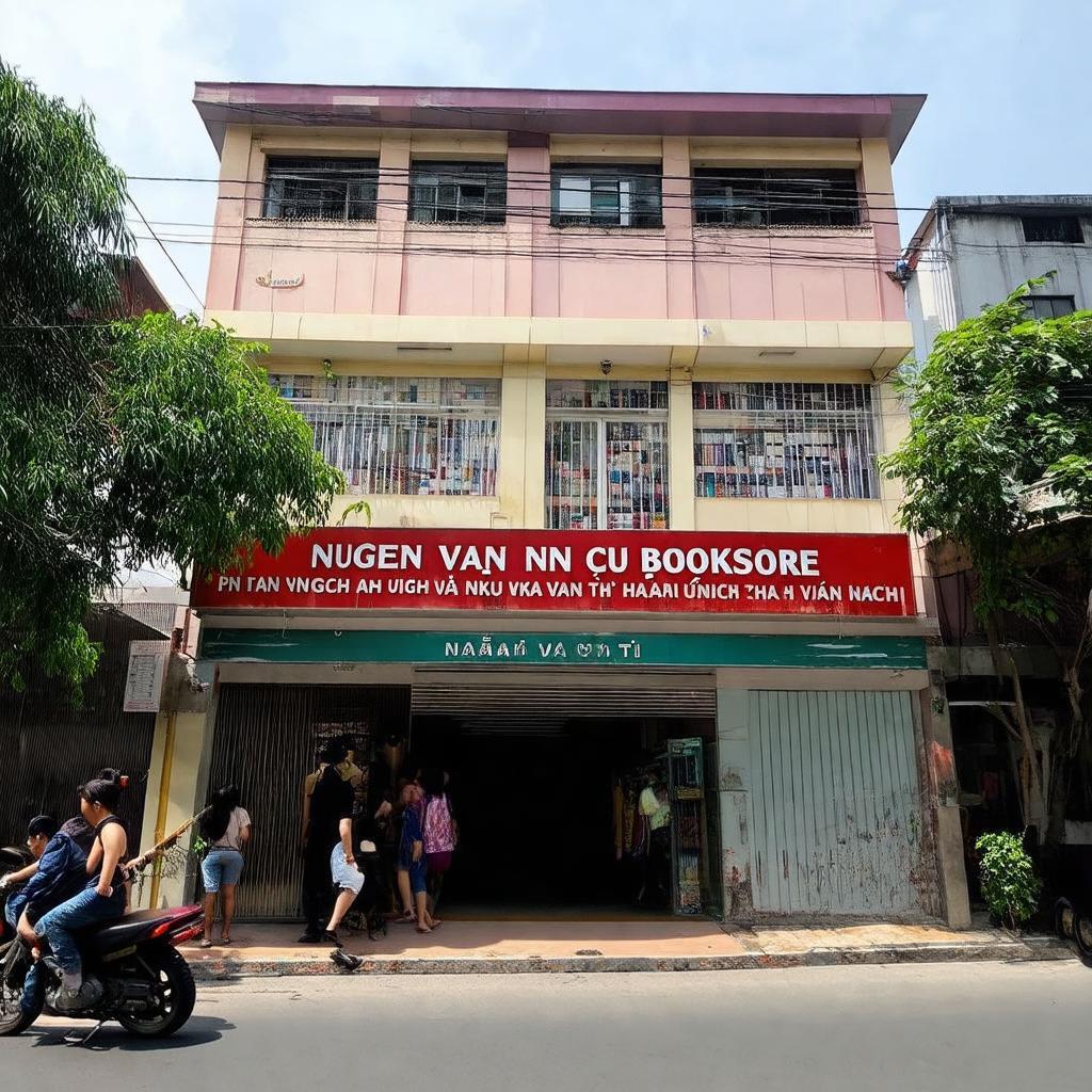 Hình ảnh ngoại cảnh Nhà sách Nguyễn Văn Cừ Phan Văn Trị Gò Vấp, mặt tiền dễ nhận biết trên đường.
