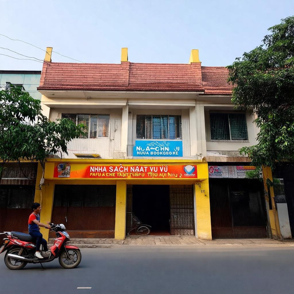 Ngoại cảnh Nhà Sách Nhật Vũ trên đường Phạm Văn Đồng, Hòa Thành, Tây Ninh.