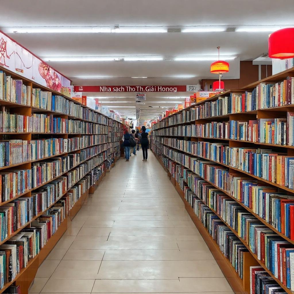 Hình ảnh nội thất rộng rãi, sạch sẽ của nhà sách Tiến Thọ Giải Phóng với nhiều kệ sách đa dạng.