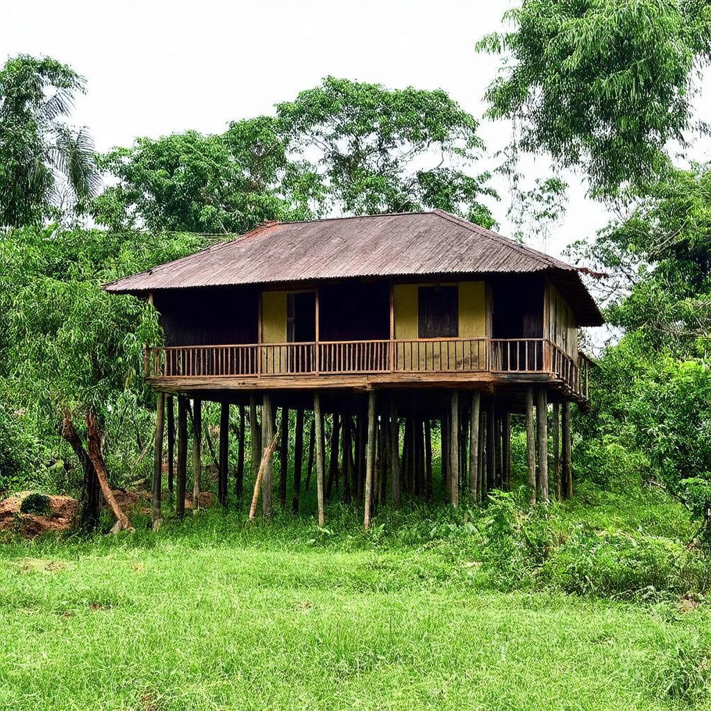 Ngôi nhà sàn truyền thống của người Tày hoặc Nùng ở Mẹt, Hữu Lũng, Lạng Sơn, giữa khung cảnh làng quê yên bình.