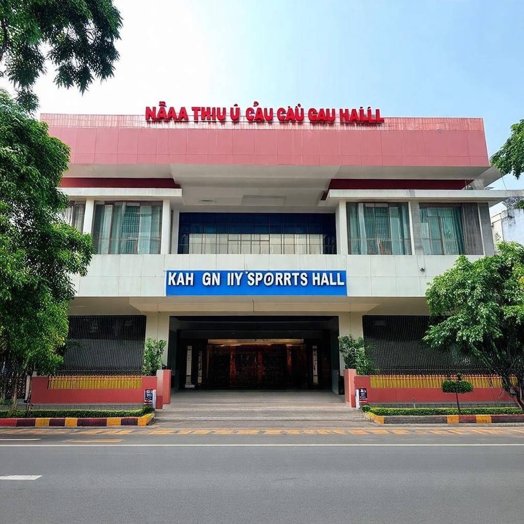 Toàn cảnh mặt trước Nhà thi đấu Cầu Giấy tại số 35 Trần Quý Kiên, quận Cầu Giấy