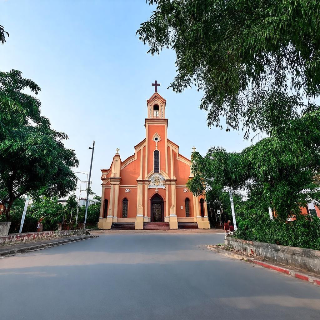 Toàn cảnh bên ngoài Nhà Thờ Giáo Xứ Dĩ An, Bình Dương với kiến trúc đặc trưng và khuôn viên xanh mát