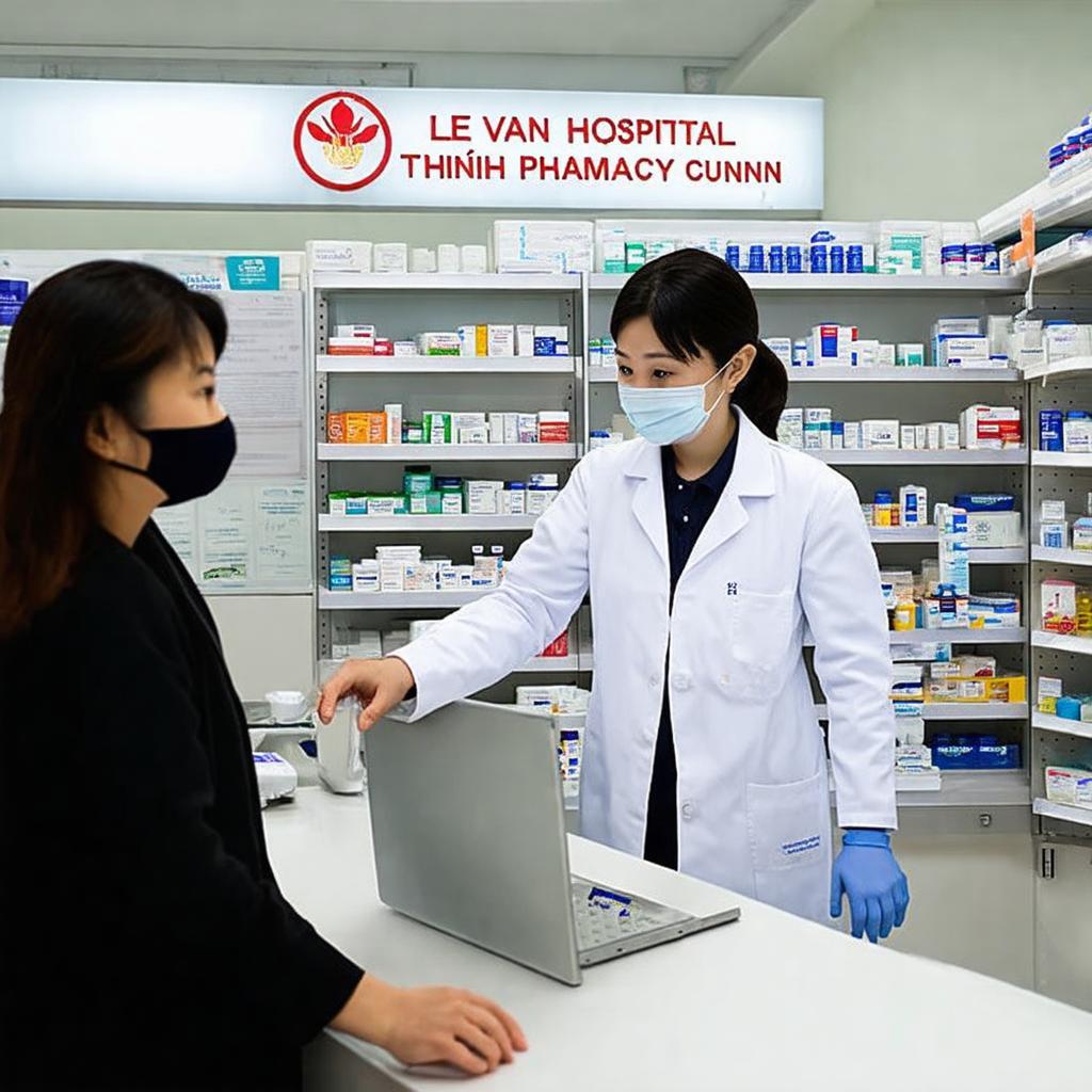 Duoc si dang tu van va giao thuoc cho benh nhan tai nha thuoc benh vien Le Van Thinh.