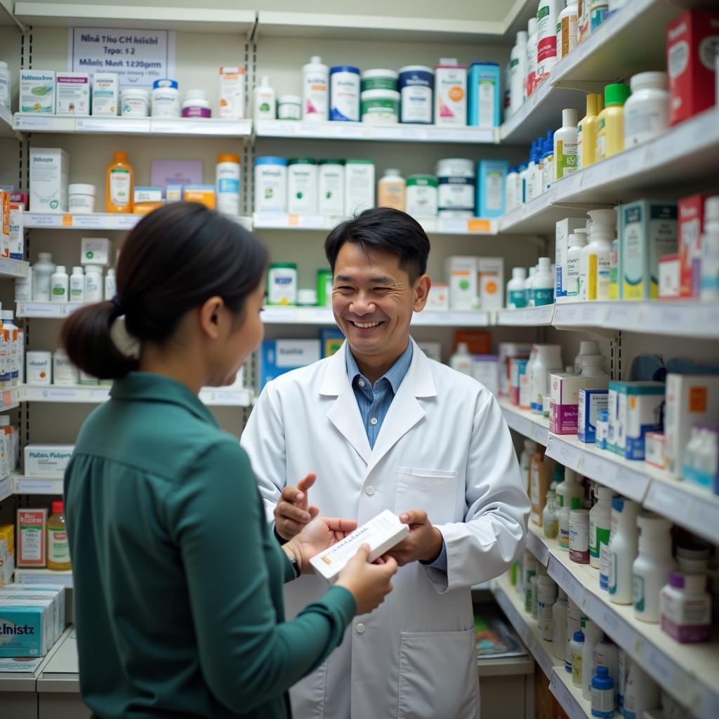 Dược sĩ tại Nhà Thuốc Hạnh tư vấn cho khách hàng về sản phẩm y tế bên trong hiệu thuốc.