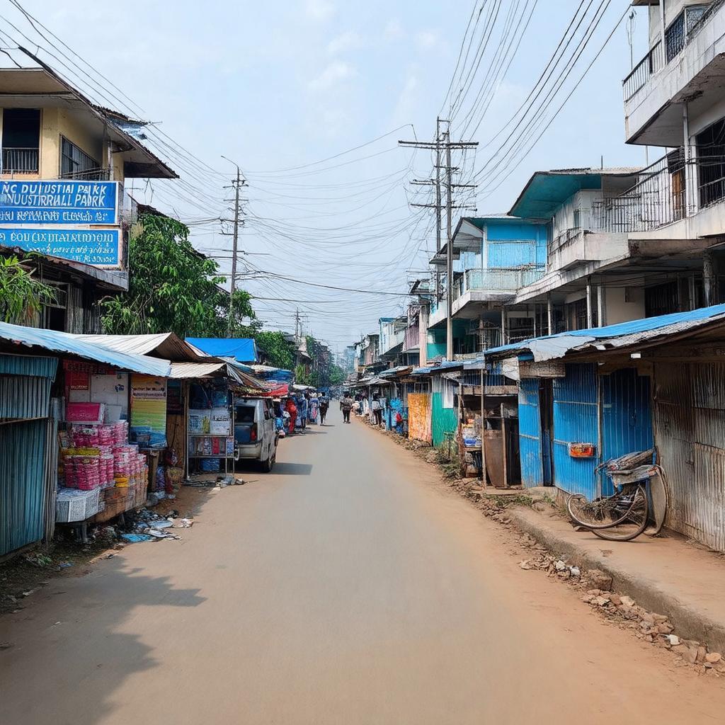 Khung cảnh khu dân cư hoặc dãy nhà trọ sầm uất phục vụ công nhân gần Khu công nghiệp Long Đức