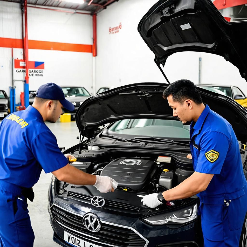 Kỹ thuật viên chuyên nghiệp đang kiểm tra xe ô tô tại Garage Quê Hương Bình Thạnh