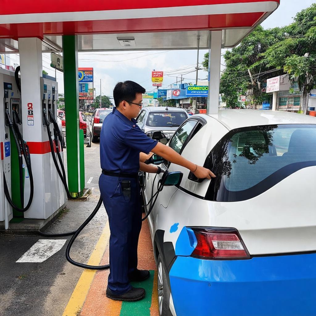 Hình ảnh nhân viên trạm xăng Comeco 08 đang phục vụ khách hàng nhanh nhẹn, chuyên nghiệp.