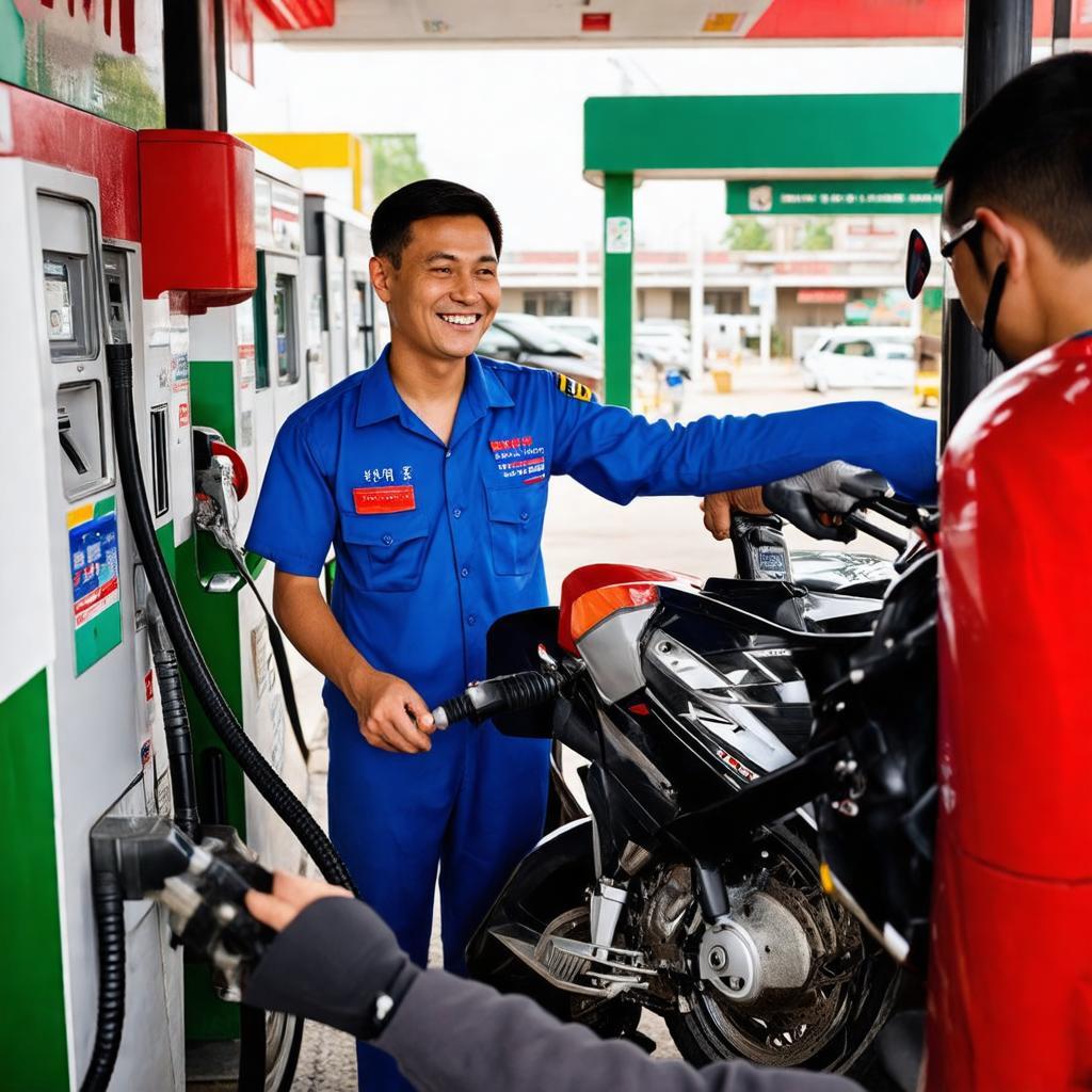 Nhân viên Trạm Xăng Satra phục vụ khách hàng nạp nhiên liệu nhanh nhẹn, chuyên nghiệp