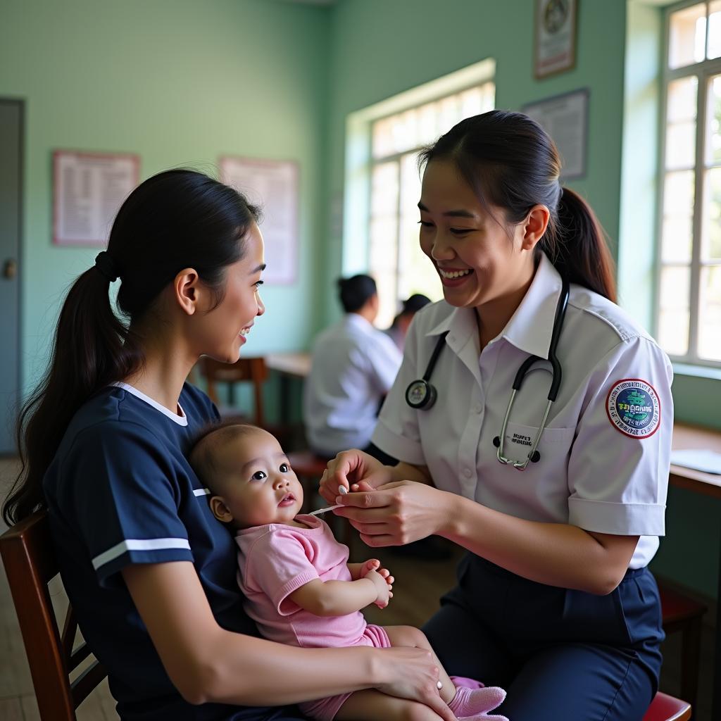 Nhân viên y tế tại Trạm Y tế Phường Yên Hoà tư vấn cho người dân về tiêm chủng.