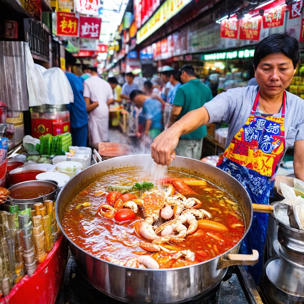 Một nồi nước dùng bún riêu lớn đang sôi sục với cà chua và riêu cua tại một trong hai quán ở Quang Trung, Hoàn Kiếm