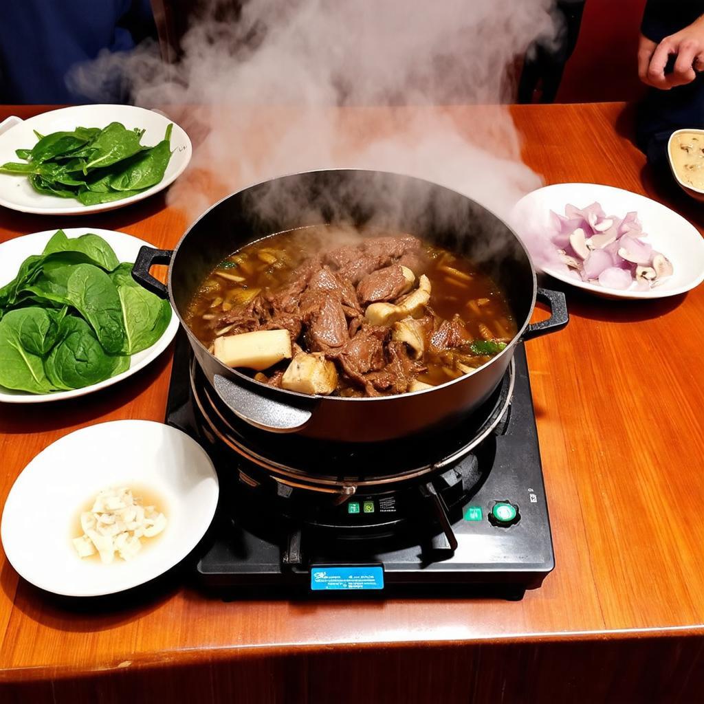 Nồi lẩu dê nóng hổi với thịt dê mềm, rau tươi và nước dùng đậm đà tại quán 404.