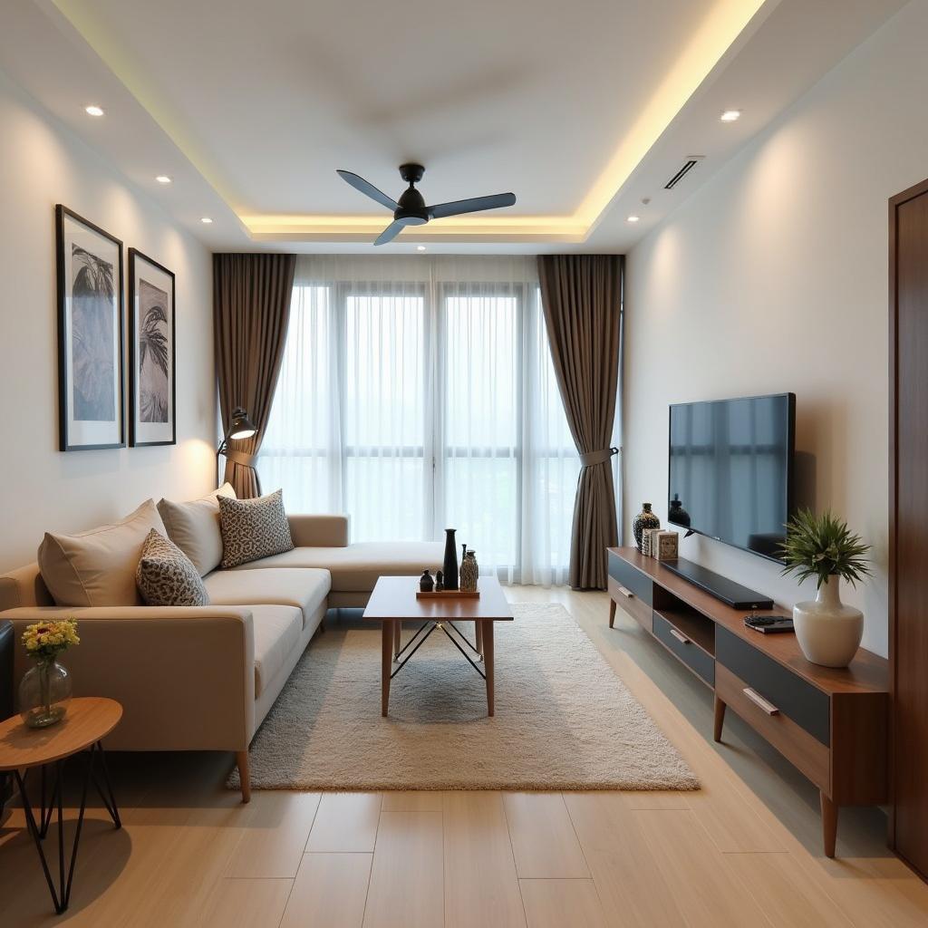 Phong khach mot can ho tai Indo Serviced Apartment voi noi that hien dai