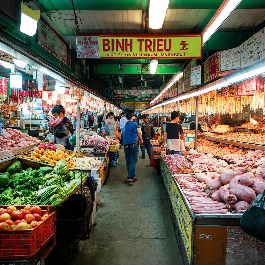 Khung cảnh bên trong Chợ Bình Triệu với đa dạng gian hàng bán thực phẩm tươi sống và khu ẩm thực.
