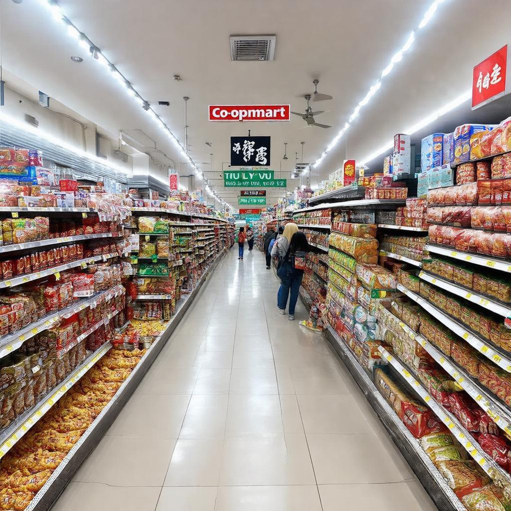 Bên trong siêu thị Co.opmart Tuy Lý Vương trưng bày các sản phẩm tiêu dùng và thực phẩm khô ngăn nắp