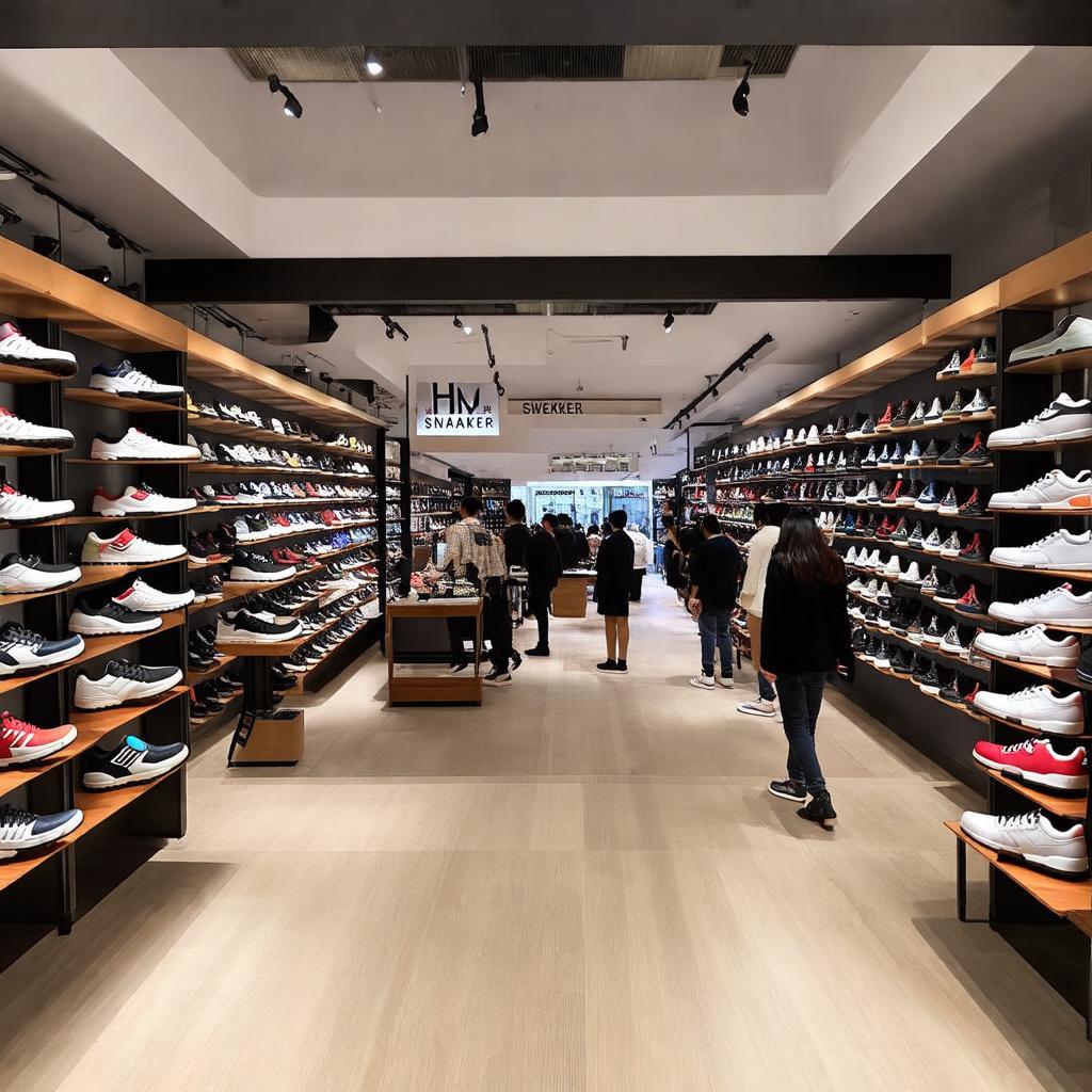 Hình ảnh nội thất bên trong cửa hàng HNM Sneaker 200 Phố Huế với các kệ giày và khu vực trưng bày sản phẩm