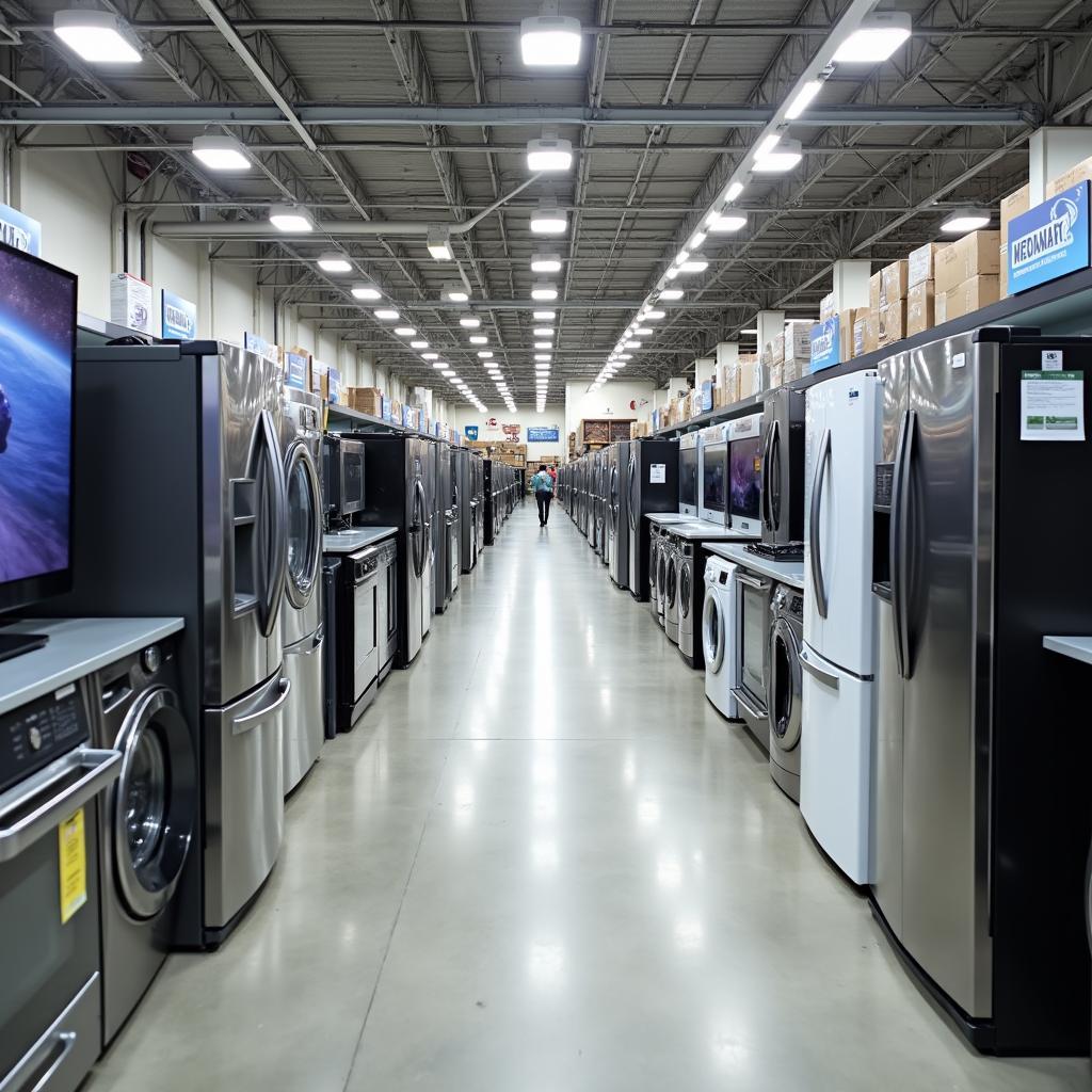 Bên trong MediaMart Nguyễn Văn Linh trưng bày đa dạng sản phẩm điện máy, điện lạnh, đồ gia dụng.