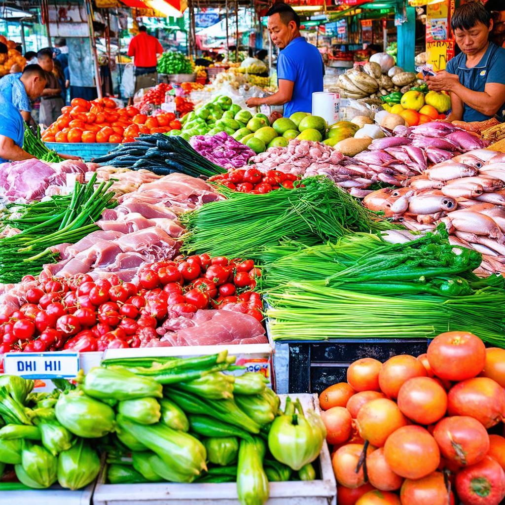 Các sạp hàng bày bán nông sản, rau củ quả tươi ngon tại Chợ Phú Lâm.