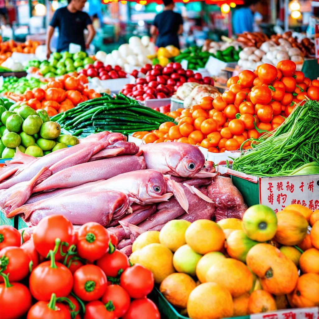 Nông sản tươi ngon như rau củ, trái cây, thịt cá được bày bán tại Chợ Thuận Đạt Bình Chánh.