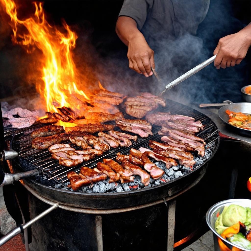 Hình ảnh nhân viên đang nướng chả trên bếp than hồng tại Quán Bún Chả Nga Cảnh Sapa.