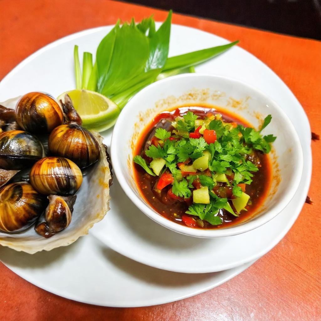 Đĩa ốc luộc nóng hổi và bát nước chấm gia truyền đặc trưng tại Ốc Phụng Phính Trích Sài.