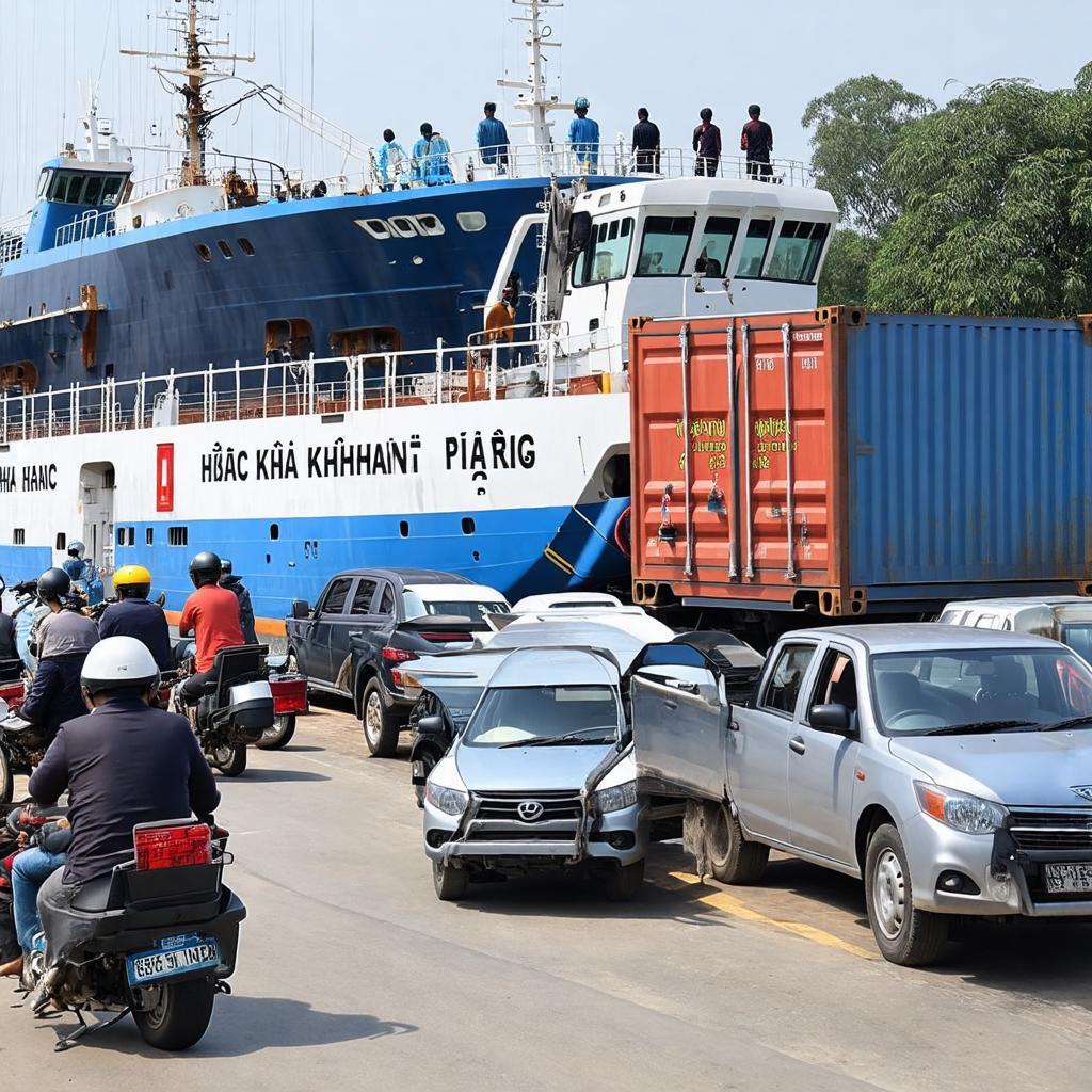 Bến phà Phước Khánh phục vụ đa dạng các loại phương tiện như xe máy, ô tô, xe tải, container.